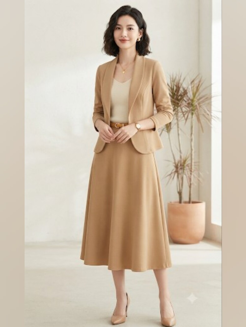 MOA Collection Women's 2pc NWOT Khaki Lightweight Blazer & A-Line Midi Skirt